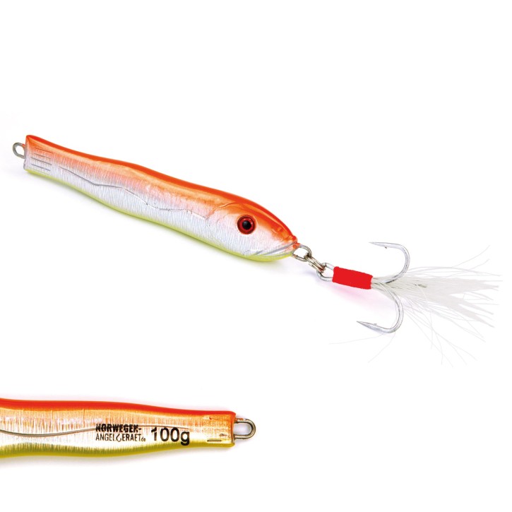 Fast & Deep Pilker - Orange-Gelb-Glow - 100 Gramm - Ideal für Dorsch, Köhler, Pollack und Heilbutt in Norwegen - von norwegen-angelgeraet.de