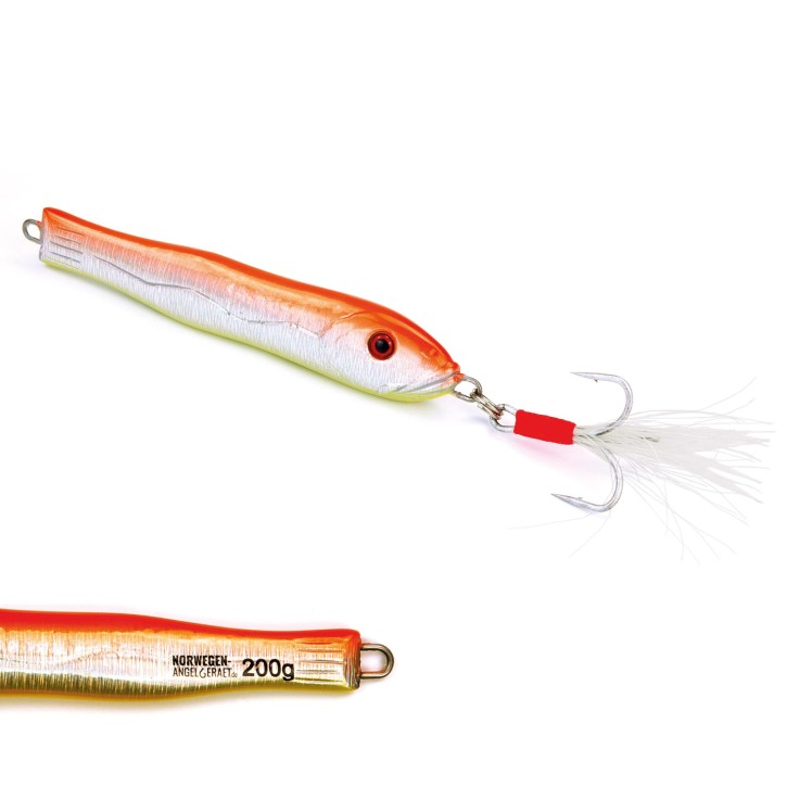 Fast & Deep Pilker - Orange-Gelb-Glow - 200 Gramm - Ideal für Dorsch, Köhler, Pollack und Heilbutt in Norwegen - von norwegen-angelgeraet.de