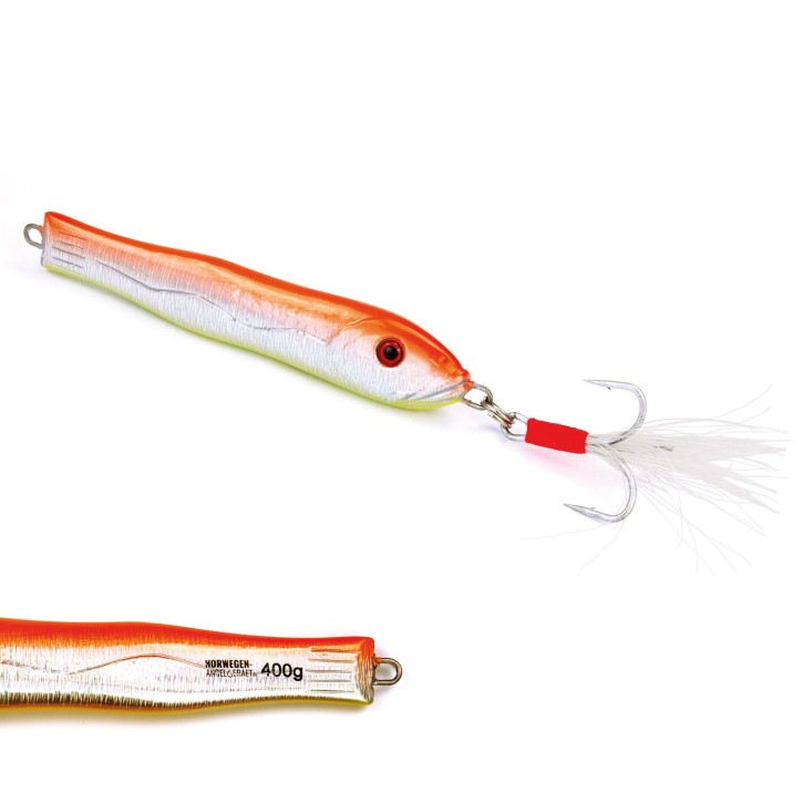 Fast & Deep Pilker - Orange-Gelb-Glow - 400 Gramm - Ideal für Dorsch, Köhler, Pollack und Heilbutt in Norwegen - von norwegen-angelgeraet.de