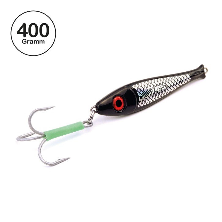 ProTack - Bullhead Slayer Pilker - Black Knight - Schwarz Silber - 400 Gramm | Ideal zum Angeln auf Dorsch, Köhler, Pollack und Heilbutt in Norwegen