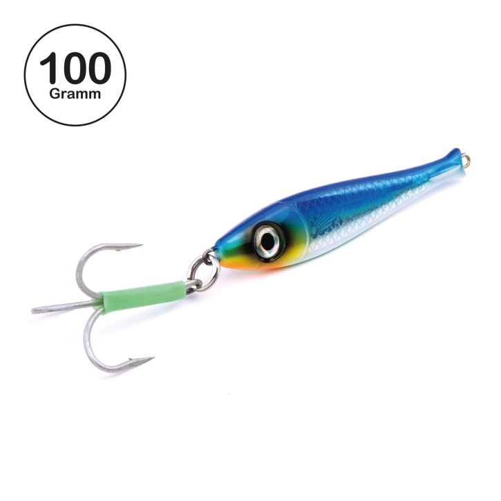 ProTack - Bullhead Slayer Pilker - Blau Silber - Glow Belly - 100 Gramm | Ideal zum Angeln auf Dorsch, Köhler, Pollack und Heilbutt in Norwegen