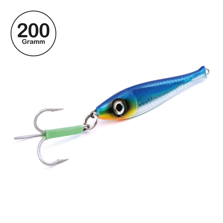ProTack - Bullhead Slayer Pilker - Blau Silber - Glow Belly - 200 Gramm | Ideal zum Angeln auf Dorsch, Köhler, Pollack und Heilbutt in Norwegen