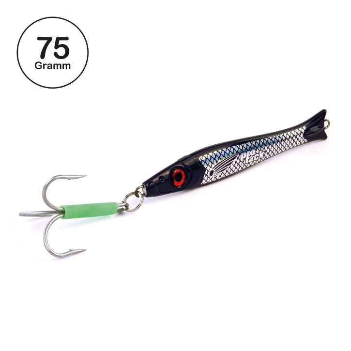 Pro Tack - Pro Slayer Pilker - Black Knight - Schwarz Silber - 75 Gramm | Perfekt zum Angeln auf Dorsch, Köhler, Pollack und Heilbutt in Norwegen