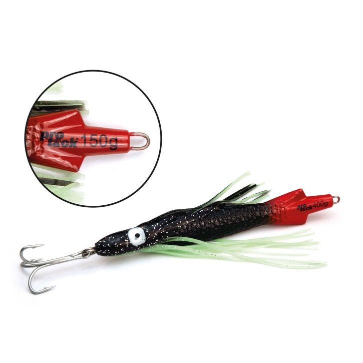 ProTack - Squid Pilk - Schwarz-Rot - 150 Gramm - Klassiker für Dorsch, Köhler und Heilbutt in Norwegen und Island – Calamar Pilker, Calmar Pilker