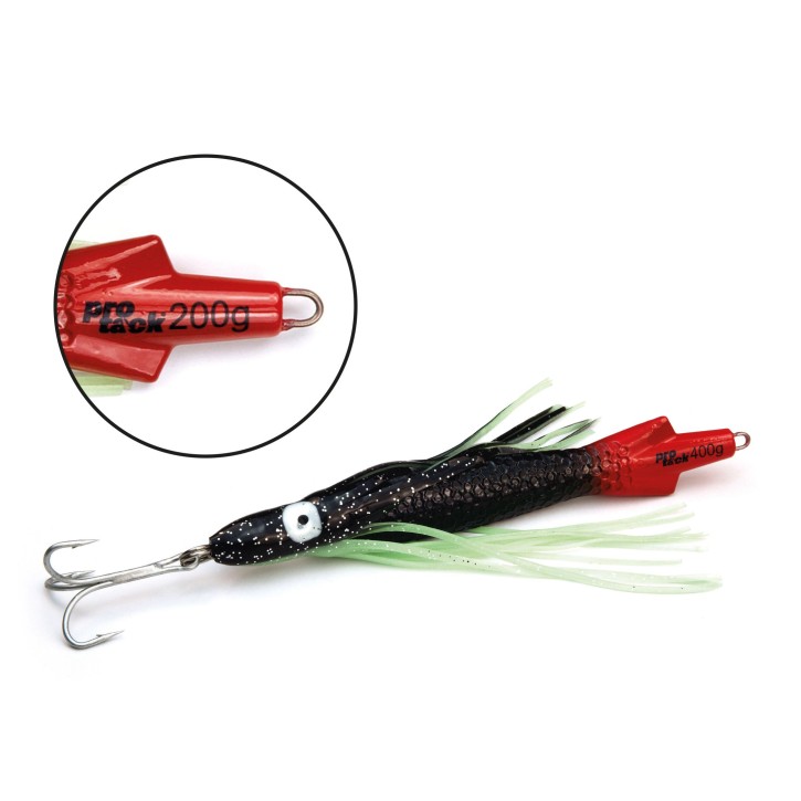 ProTack - Squid Pilk - Schwarz-Rot - 200 Gramm - Klassiker für Dorsch, Köhler und Heilbutt in Norwegen und Island – Calamar Pilker, Calmar Pilker