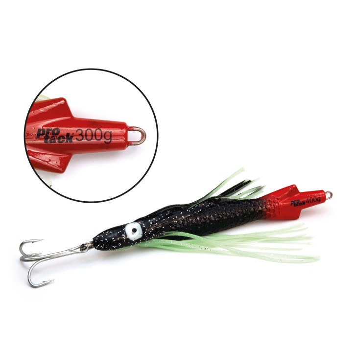 ProTack - Squid Pilk - Schwarz-Rot - 300 Gramm - Klassiker für Dorsch, Köhler und Heilbutt in Norwegen und Island – Calamar Pilker, Calmar Pilker