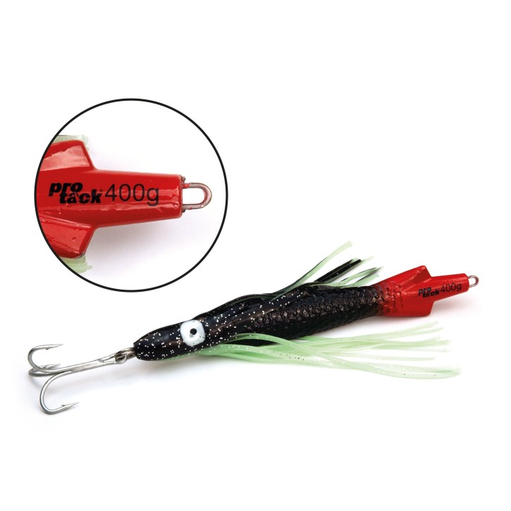 ProTack - Squid Pilk - Schwarz-Rot - 400 Gramm - Klassiker für Dorsch, Köhler und Heilbutt in Norwegen und Island – Calamar Pilker, Calmar Pilker