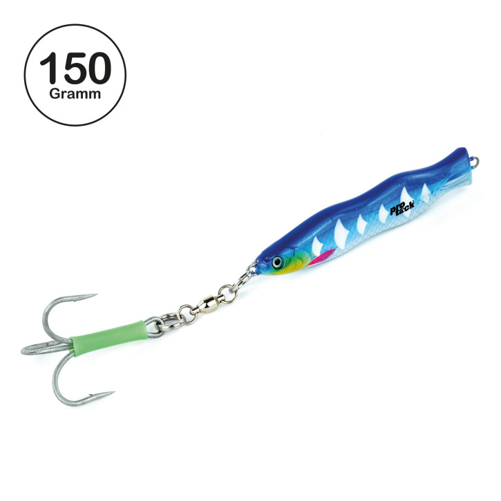 ProTack - Evo S-Jigger Pilker - UV Blau Silber - Glow Scale - 150 Gramm| Klassiker zum Angeln auf Heilbutt, Dorsch und Köhler in Norwegen