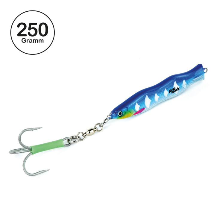 ProTack - Evo S-Jigger Pilker - UV Blau Silber - Glow Scale - 250 Gramm| Klassiker zum Angeln auf Heilbutt, Dorsch und Köhler in Norwegen