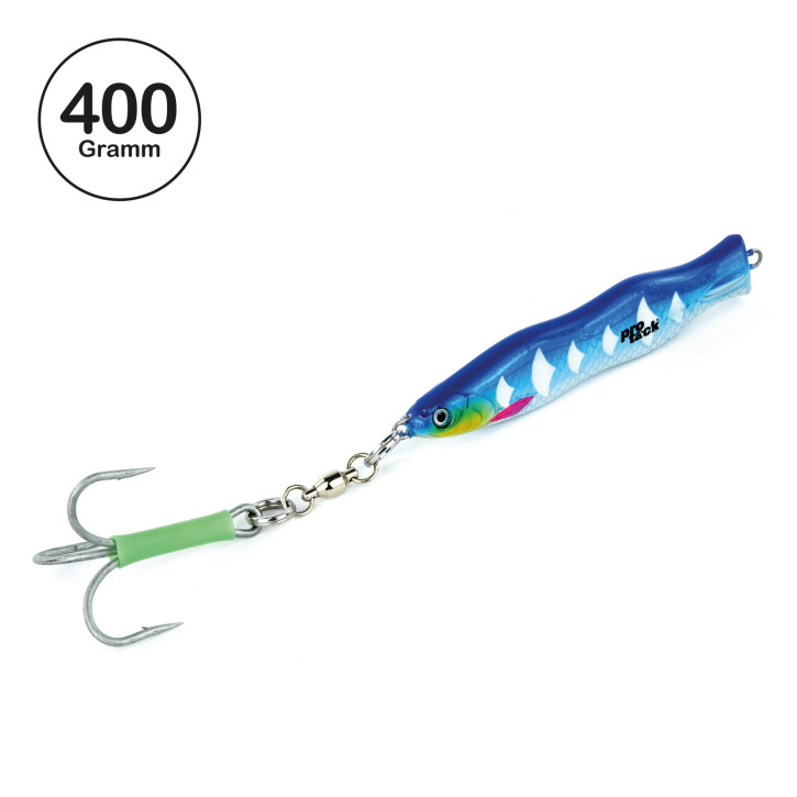ProTack - Evo S-Jigger Pilker - UV Blau Silber - Glow Scale - 400 Gramm| Klassiker zum Angeln auf Heilbutt, Dorsch und Köhler in Norwegen