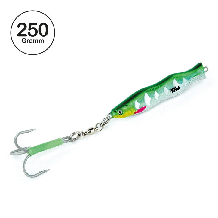 ProTack - Evo S-Jigger Pilker - UV Grün Silber - Glow Scale - 250 Gramm| Klassiker zum Angeln auf Heilbutt, Dorsch und Köhler in Norwegen