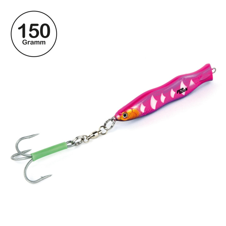 ProTack - Evo S-Jigger Pilker - UV Pink Silber - Glow Scale - 150 Gramm| Klassiker zum Angeln auf Heilbutt, Dorsch und Köhler in Norwegen