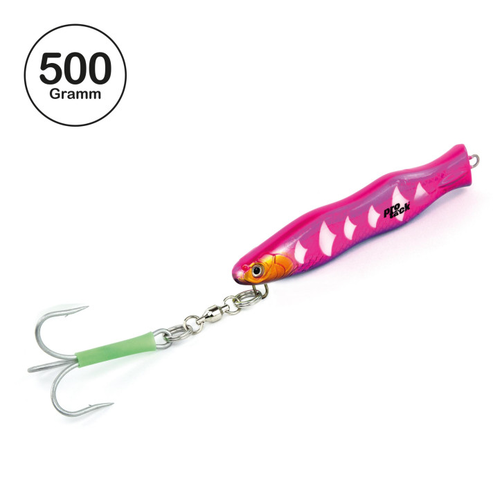 ProTack - Evo S-Jigger Pilker - UV Pink Silber - Glow Scale - 500 Gramm| Klassiker zum Angeln auf Heilbutt, Dorsch und Köhler in Norwegen