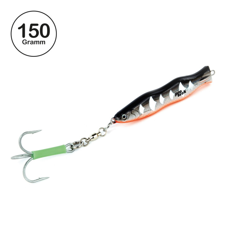 ProTack - Evo S-Jigger Pilker - UV Schwarz Silber Orange - Glow Scale - 150 Gramm| Klassiker zum Angeln auf Heilbutt, Dorsch und Köhler in Norwegen