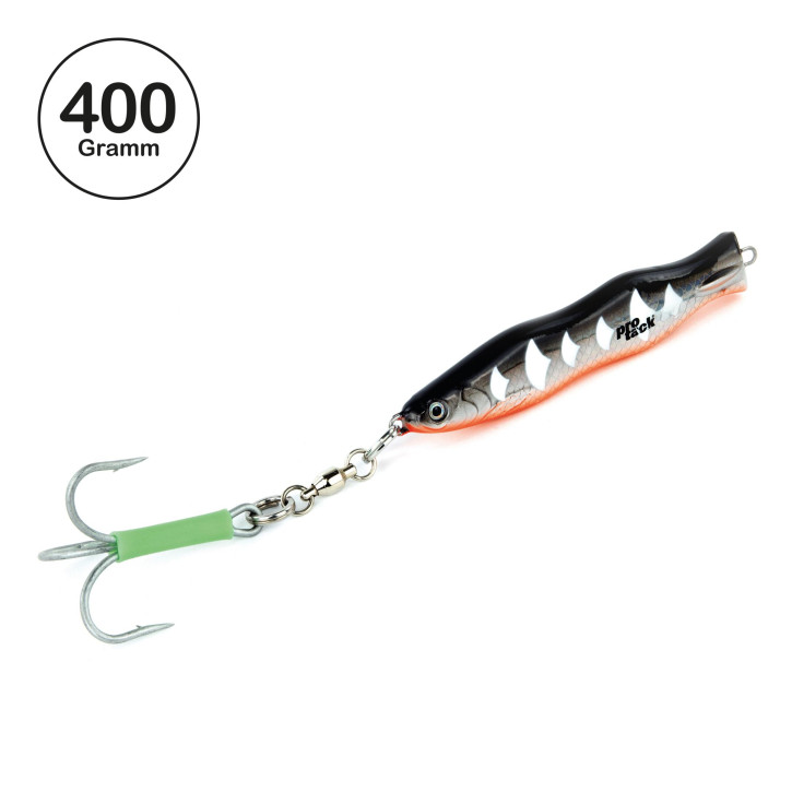 ProTack - Evo S-Jigger Pilker - UV Schwarz Silber Orange - Glow Scale - 400 Gramm| Klassiker zum Angeln auf Heilbutt, Dorsch und Köhler in Norwegen