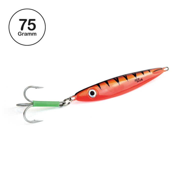 ProTack - Giddy Slayer Pilker - Orange UV Tiger - 75 Gramm | Meeresköder für das Angeln auf Heilbutt, Dorsch & Köhler in Norwegen & Island