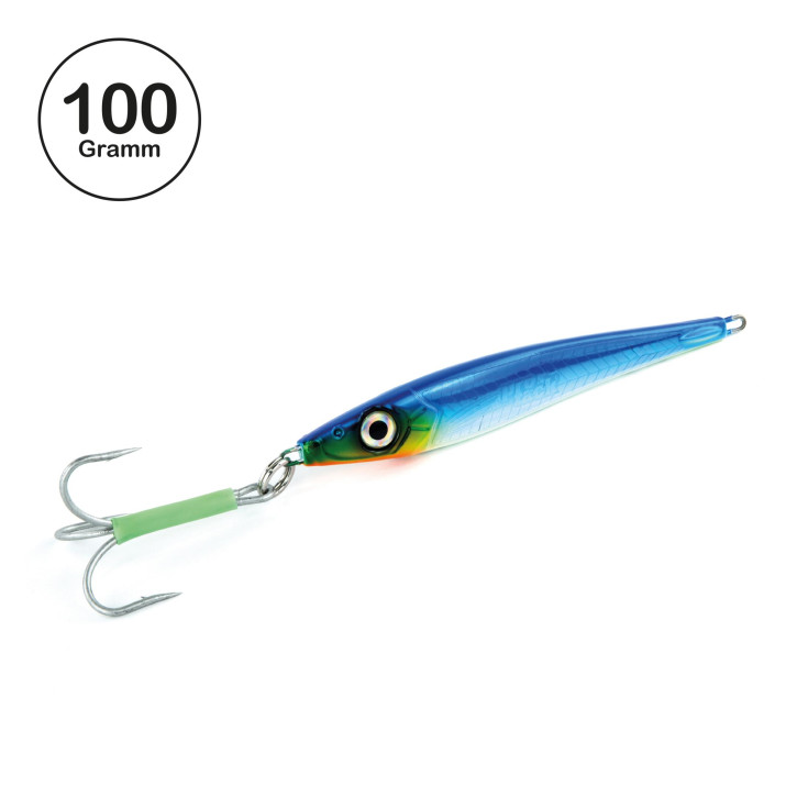 ProTack - Slayer Pilker - Blau Silber - Glow Belly - 100 Gramm | Norwegen Pilker für das Meeresangeln auf Heilbutt, Dorsch, Köhler & Pollack