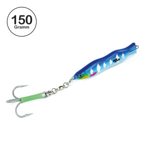 ProTack - Evo S-Jigger Pilker - UV Blau Silber - Glow Scale - 150 Gramm| Klassiker zum Angeln auf Heilbutt, Dorsch und Köhler in Norwegen