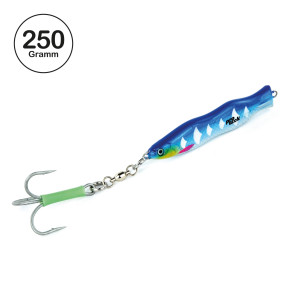 ProTack - Evo S-Jigger Pilker - UV Blau Silber - Glow Scale - 250 Gramm| Klassiker zum Angeln auf Heilbutt, Dorsch und Köhler in Norwegen