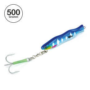 ProTack - Evo S-Jigger Pilker - UV Blau Silber - Glow Scale - 500 Gramm| Klassiker zum Angeln auf Heilbutt, Dorsch und Köhler in Norwegen