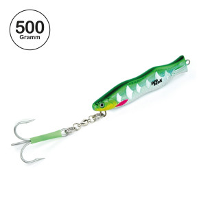 ProTack - Evo S-Jigger Pilker - UV Grün Silber - Glow Scale - 500 Gramm| Klassiker zum Angeln auf Heilbutt, Dorsch und Köhler in Norwegen