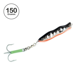 ProTack - Evo S-Jigger Pilker - UV Schwarz Silber Orange - Glow Scale - 150 Gramm| Klassiker zum Angeln auf Heilbutt, Dorsch und Köhler in Norwegen